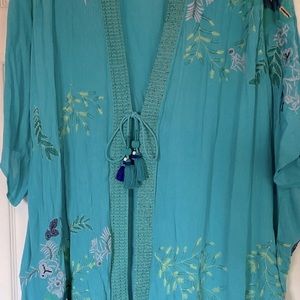 Chico’s Turquoise Blue Embroidered Duster